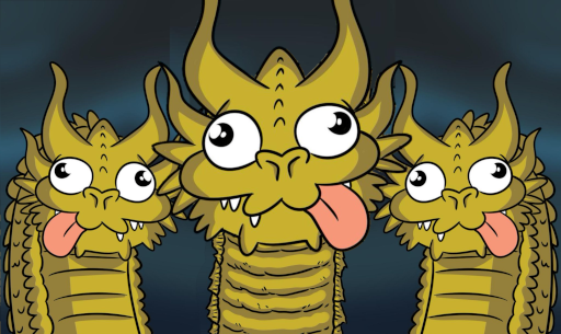 Three-headed dragon, with all three heads making silly faces.