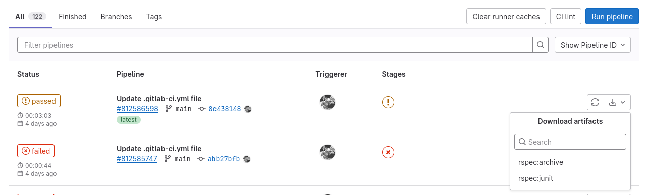 On GitLab, the pipeline successfully ran and created artifacts