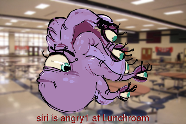 Angry beholder Siriak the Rapid in the lunchroom with debug text.